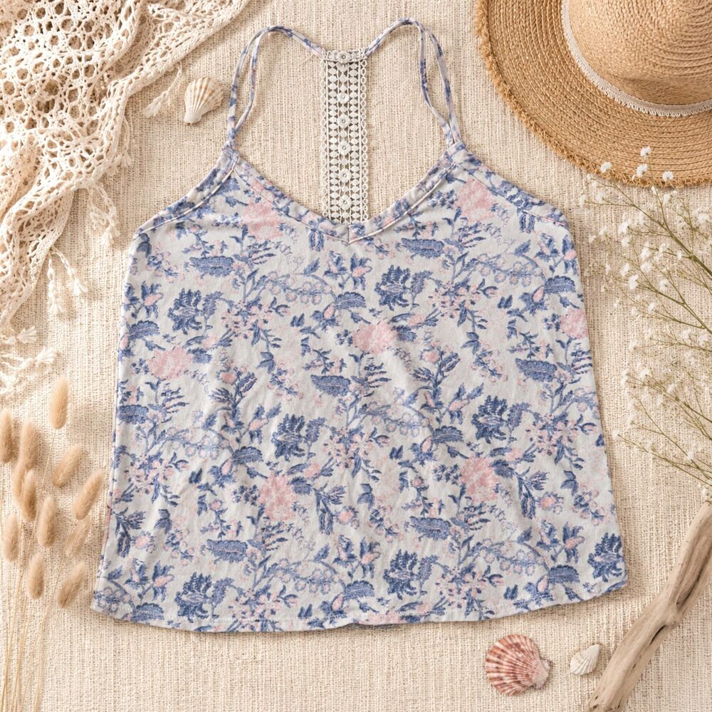 Lucky Brand Floral Print Crochet Lace T-Strap Tank Top soft cottagecore beachy